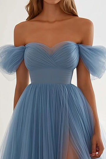 Grey Blue A Line Tulle Long Formal Dress with Slit